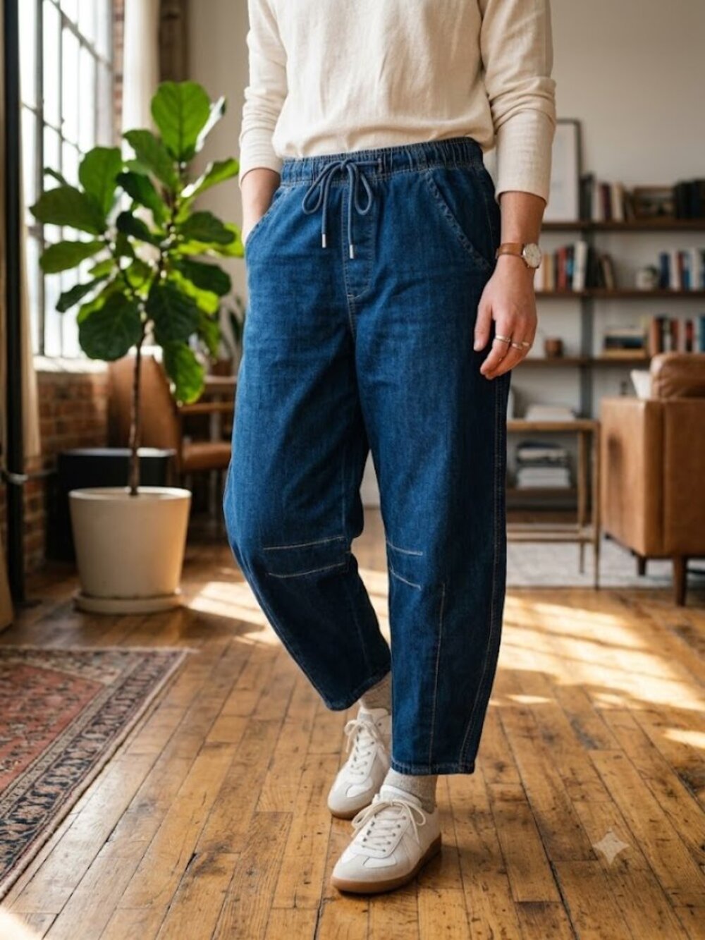 OAT New York Cloud Luxe Denim Joggers Pants 4 27 Drawstring Blue